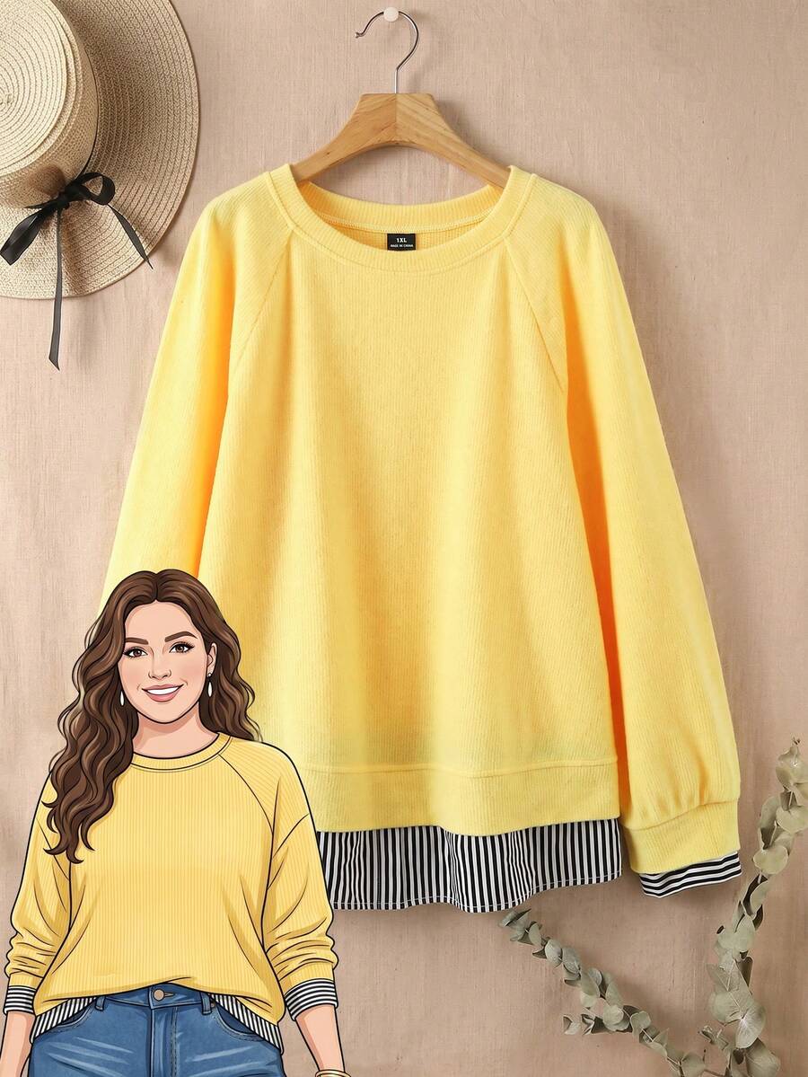 Rusticease Plus Size Sunflower Striped Patchwork 2 In 1 Crew Neck Long Sleeve Sweatshirt Fall Autumn Casual Layering Daily Going Out Outfits Women - Pale Yellow - View 1