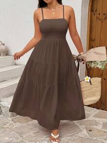 Sunnyshic Plus Size Women's Solid Color Pleated Casual Party Vacation Travel Spaghetti Strap Dress, Suitable For Summer - Brown - View 6