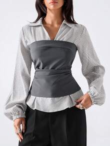 LYSMO Colorblock Patchwork Plaid Cinched Waist Shirt - Multicolor - View 1