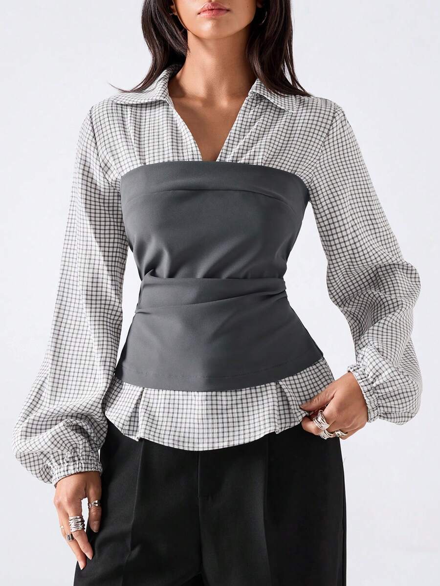 LYSMO Colorblock Patchwork Plaid Cinched Waist Shirt - Multicolor - View 1