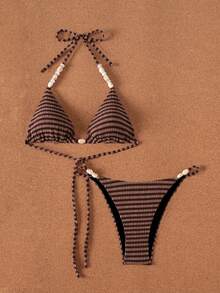 Swim Vcay Women's Summer Beach Striped Colorblock Halter Tie Sexy Bikini And Triangle Bottom Two-Piece Swimsuit Set - Coffee Brown - View 7