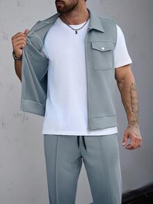 SLATEMANN Conjunto de chaqueta chaleco de utilidad con cremallera delantera y pantalones largos con cintura con cordón para hombre - Neblina azul - Ver 7