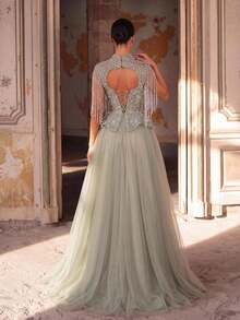 Glamrae Elegant Luxurious Beaded Bubble Diamond Embroidery Sequin Lace Patchwork Sleeve Tassel Mesh Puff Dress Suitable For Wedding Events, Bachelorette Party, Vacation, Holiday Party, Music Festival, Graduation Season, Evening Gown (Heavy Workmanship) - Blue - View 4