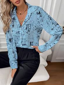 SHEIN LUNE 女款全印花單排扣休閒百搭日常穿著襯衫 - 彩色 - 查看 6