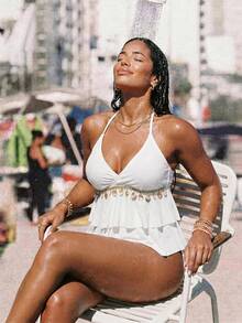 Swim Vcay Plus Size Summer Beach Shell Decor Ruffle Trim Tankini Set - White - View 3