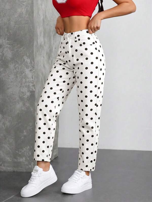 SHEIN ICON Casual Polka Dot Print Tapered Jeans