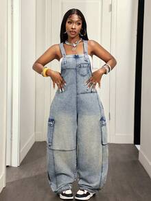 Slaydiva Women's Denim Cargo Pocket Super Loose Overalls - Blue - View 6