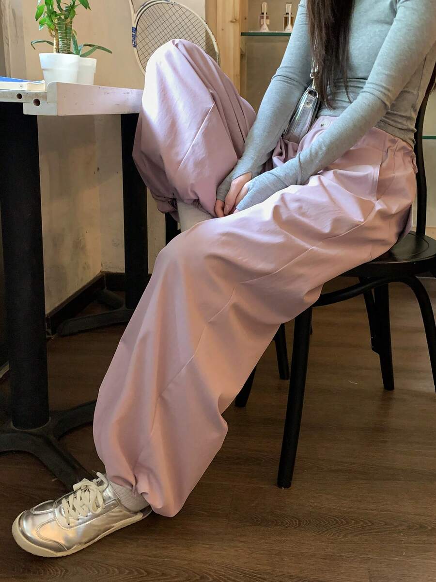DAZY Pantaloni lunghi da donna a gamba ampia e morbida, tinta unita, casual, per vacanze estive e scuola - Rosa - Visualizzare 1