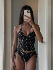 Swim Mod Spring/Summer Digital Print Wireless Spaghetti Strap Tank Top And Side Tie Swim Shorts Women Beach Holiday Cute Bikini Set Set - Black - View 1