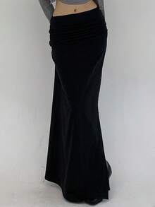 DAZY Women's Solid Color High Slit Skirt - Black - View 3
