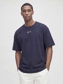 Nelvento Soul Men's Dumbbell Print Loose Round Neck Short Sleeve Sports T-Shirt Workout Tops Breathable, Gym - Navy Blue - View 3