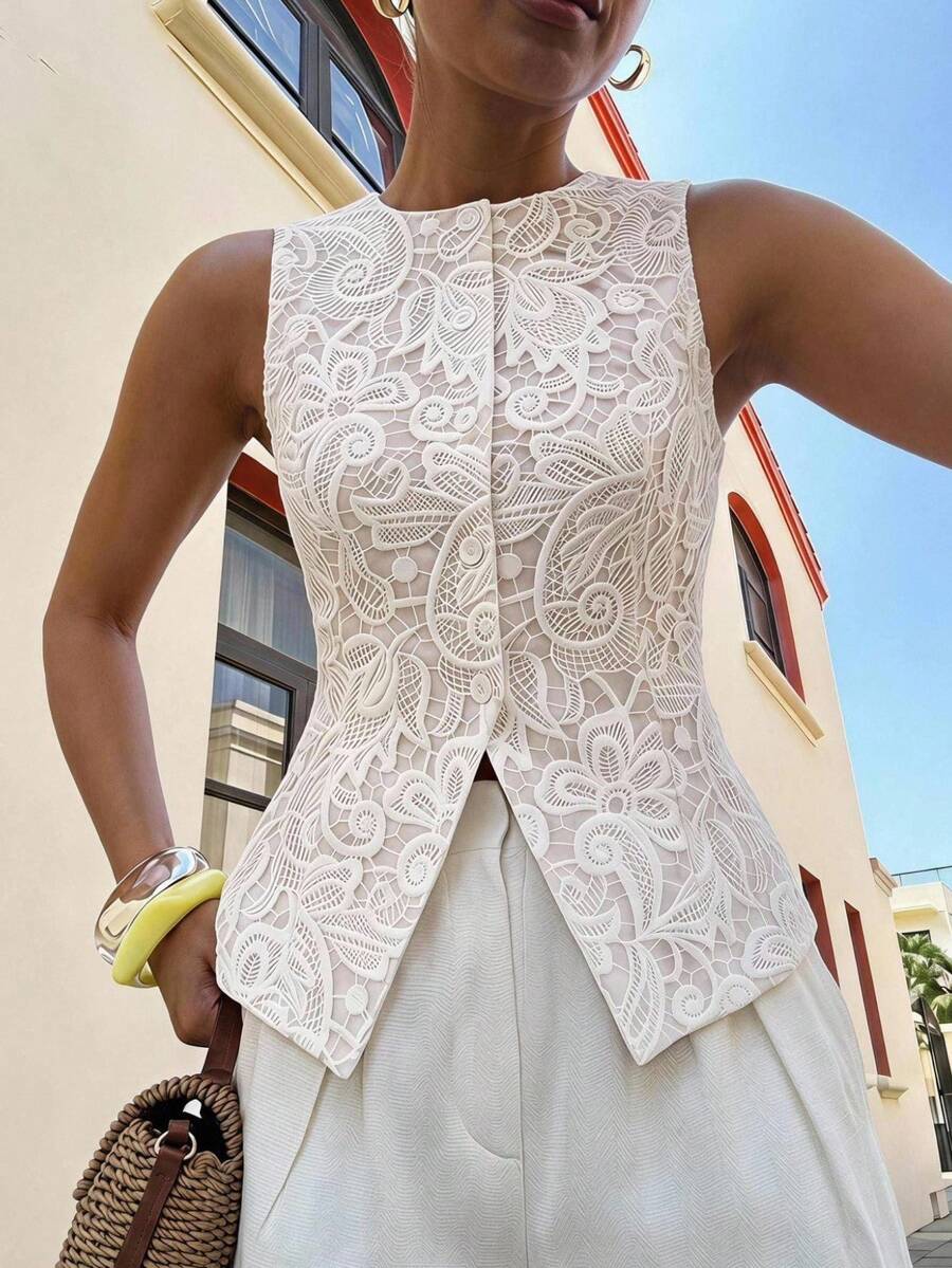 Lavishia 女款蕾絲印花單排扣休閒浪漫優雅背心襯衫,白色夏季早午餐度假風 - 彩色 - 查看 1