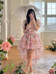 SHEIN MOD 大尺碼女款泡泡袖花卉甜美優雅洋裝 - 彩色 - 查看 5