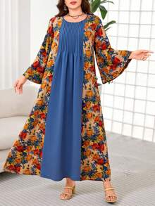 Lacomfia Vestido casual con estampado, patchwork y unicolor, manga 3/4, corte holgado regular, talla grande para primavera/verano - Multicolor - Ver 3