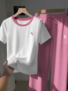 Comfortcana 大尺碼夏季休閒T恤與長褲兩件套 - 粉色 - 查看 3