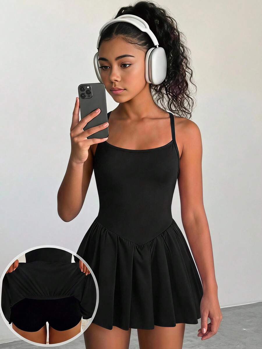 SHEIN 青少年女孩黑色針織休閒百褶運動裙 - 黑色 - 查看 1