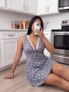 ZzzCrew Lace Patchwork Heart Pattern Spaghetti Strap V-Neck Tie-Front Comfortable Loungewear Nightgown - Grey - View 1