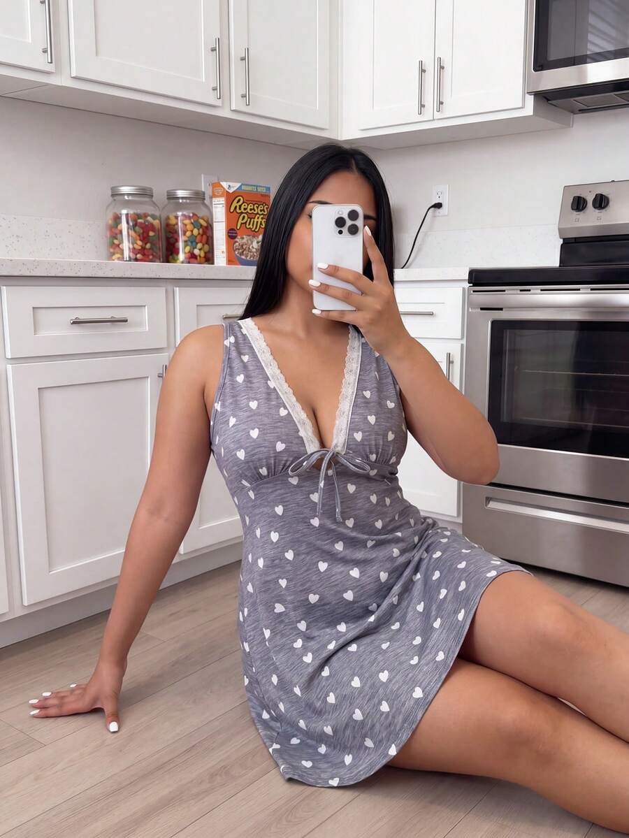 ZzzCrew Lace Patchwork Heart Pattern Spaghetti Strap V-Neck Tie-Front Comfortable Loungewear Nightgown - Grey - View 1