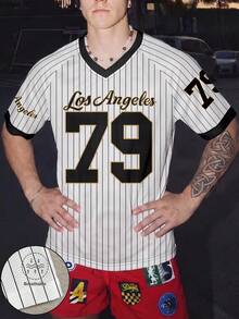 Manfinity Gritte Field 男士 Los Angeles 79 號條紋網眼 V 領運動球衣，快乾透氣棒球短褲 - 彩色 - 查看 4