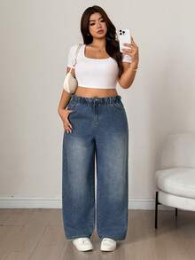 Livesso Curve Celana Pendek Denim Biru Pudar dengan Pinggang Semi Elastis, Potongan Lebar dan Lipatan di Bagian Bawah, Cocok untuk Musim Panas. - Medium Wash - View 7