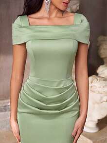 Aureia 優雅高光澤緞面 2 合 1 抓褶腰顯瘦魚尾晚禮服，適合約會、度假、單身派對、婚禮與活動 - 綠色 - 查看 5