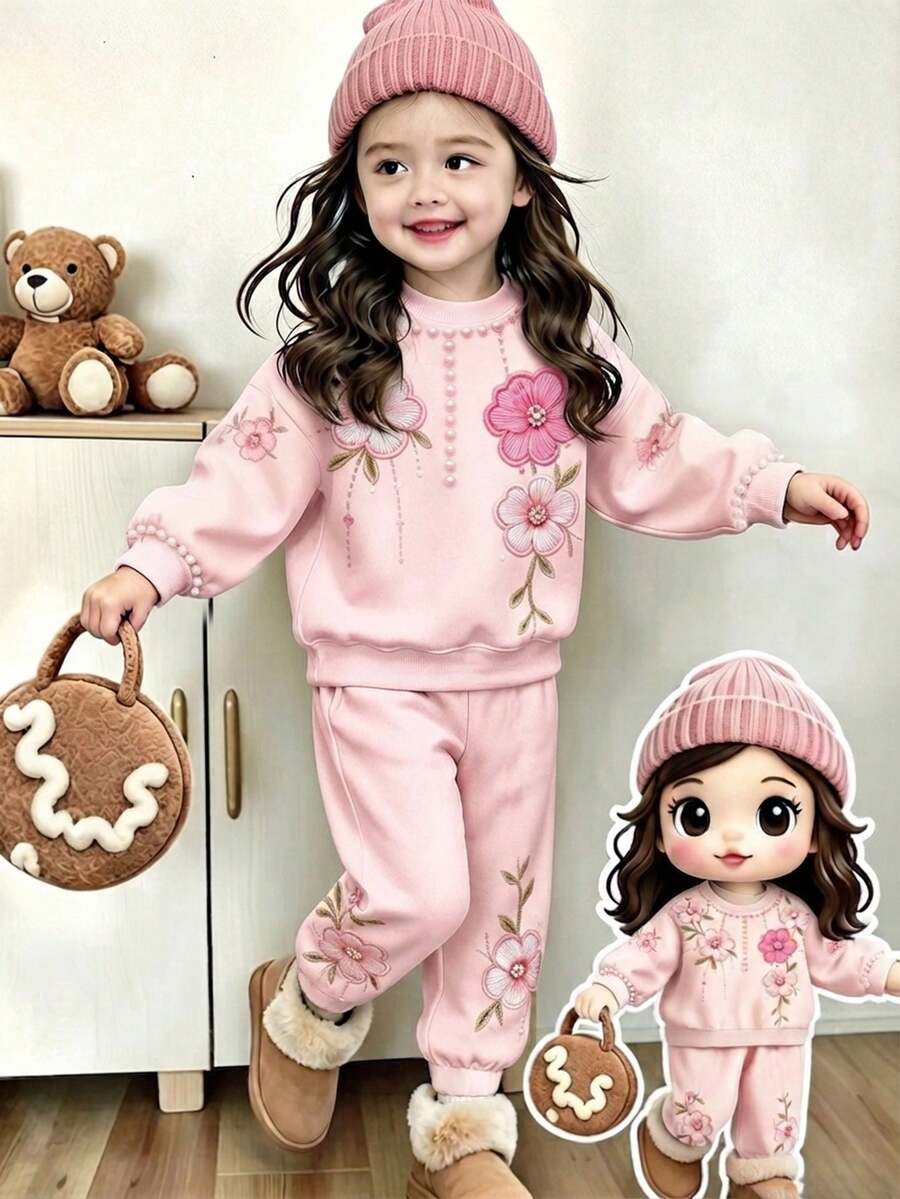 SHEIN 2件組女嬰夏季可愛3D刺繡大花珍珠印花休閒極簡風抓絨圓領衛衣與修身喇叭褲套裝,四季適用,戶外可愛夏季女嬰服飾,韓系風格,返校季 - 彩色 - 查看 1