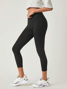 SHEIN BASICS Leggings Capri Transpirables de unicolor para Mujer en Verano - Negro - Ver 3