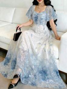 Modelyn Spring/Summer Gentle Style Romantic Elegant Gradient Blue And White Floral Print Pleated Dress Vacation - Multicolor - View 2