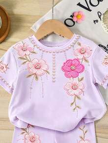 2件組紫色夏季可愛3D刺繡大花珍珠印花休閒極簡短袖圓領T恤與修身配套短褲套裝，戶外可愛夏季女嬰服裝，韓風，返校季 - 彩色 - 查看 4
