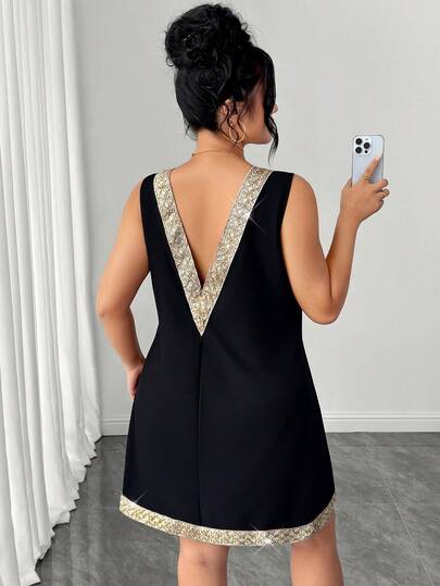 Elenzga Plus Size Elegant Summer Vacation Casual Sleeveless Round Neck Back V-Neck Dress, Suitable For Dating, Daily Outings, Beach Holiday Summer Dress