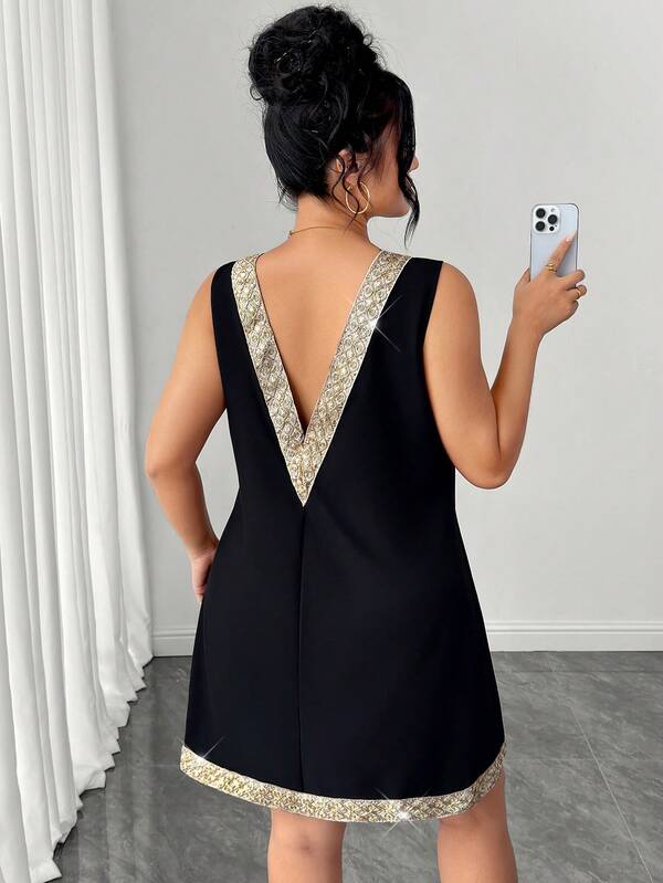 Elenzga Plus Size Elegant Summer Vacation Casual Sleeveless Round Neck Back V-Neck Dress, Suitable For Dating, Daily Outings, Beach Holiday Summer Dress
