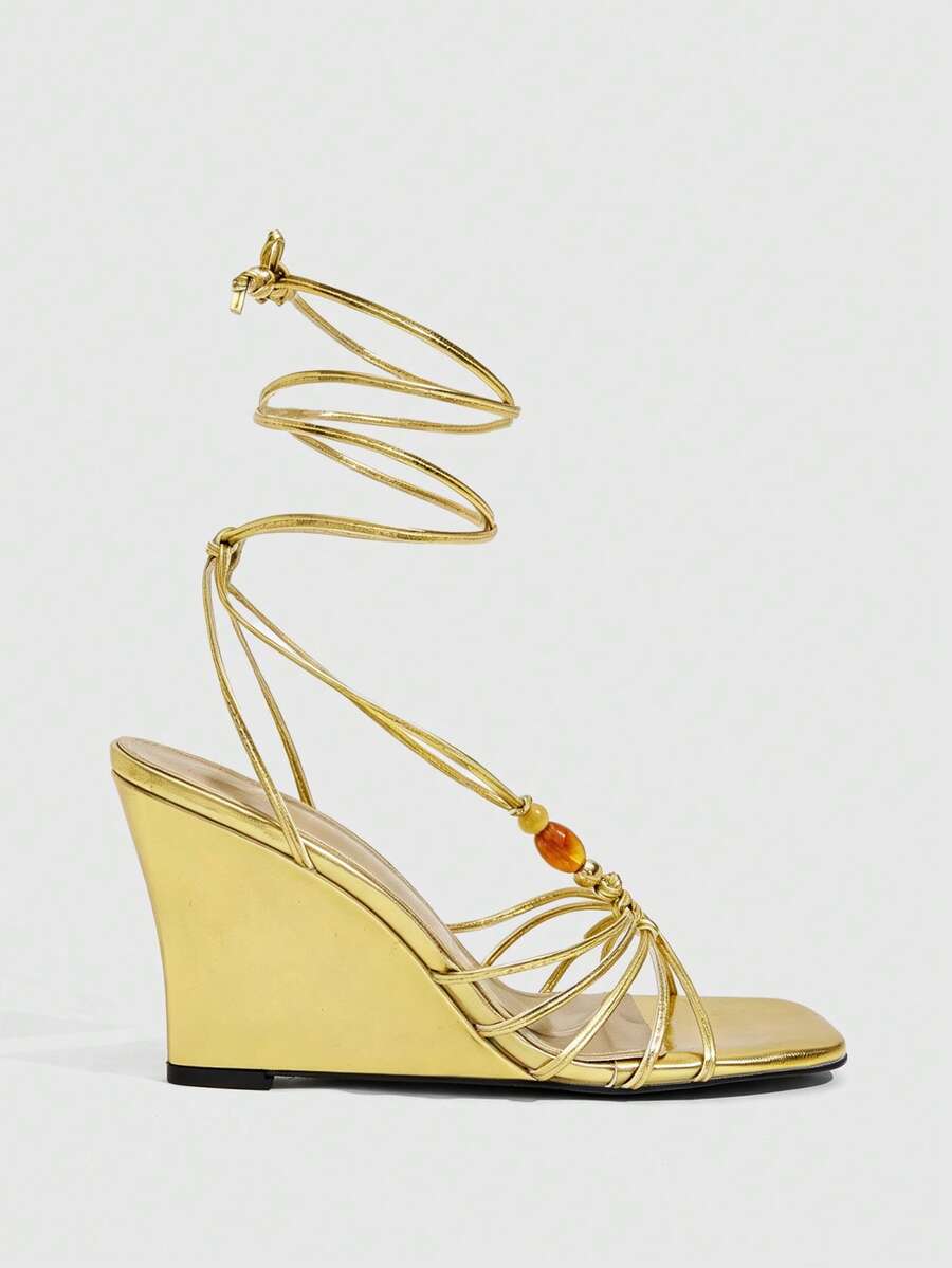 CUCCOO SZL Ladies Fashion Elegant Party, Thick Heel Wedge, Square Toe Kink, Lace-Up Beaded Sandals - Gold - View 1