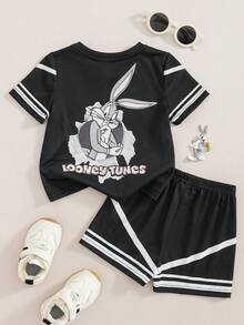 LOONEY TUNES X SHEIN 男嬰卡通圖案印花條紋拼接配色短袖T恤短褲套裝 - 黑色 - 查看 1