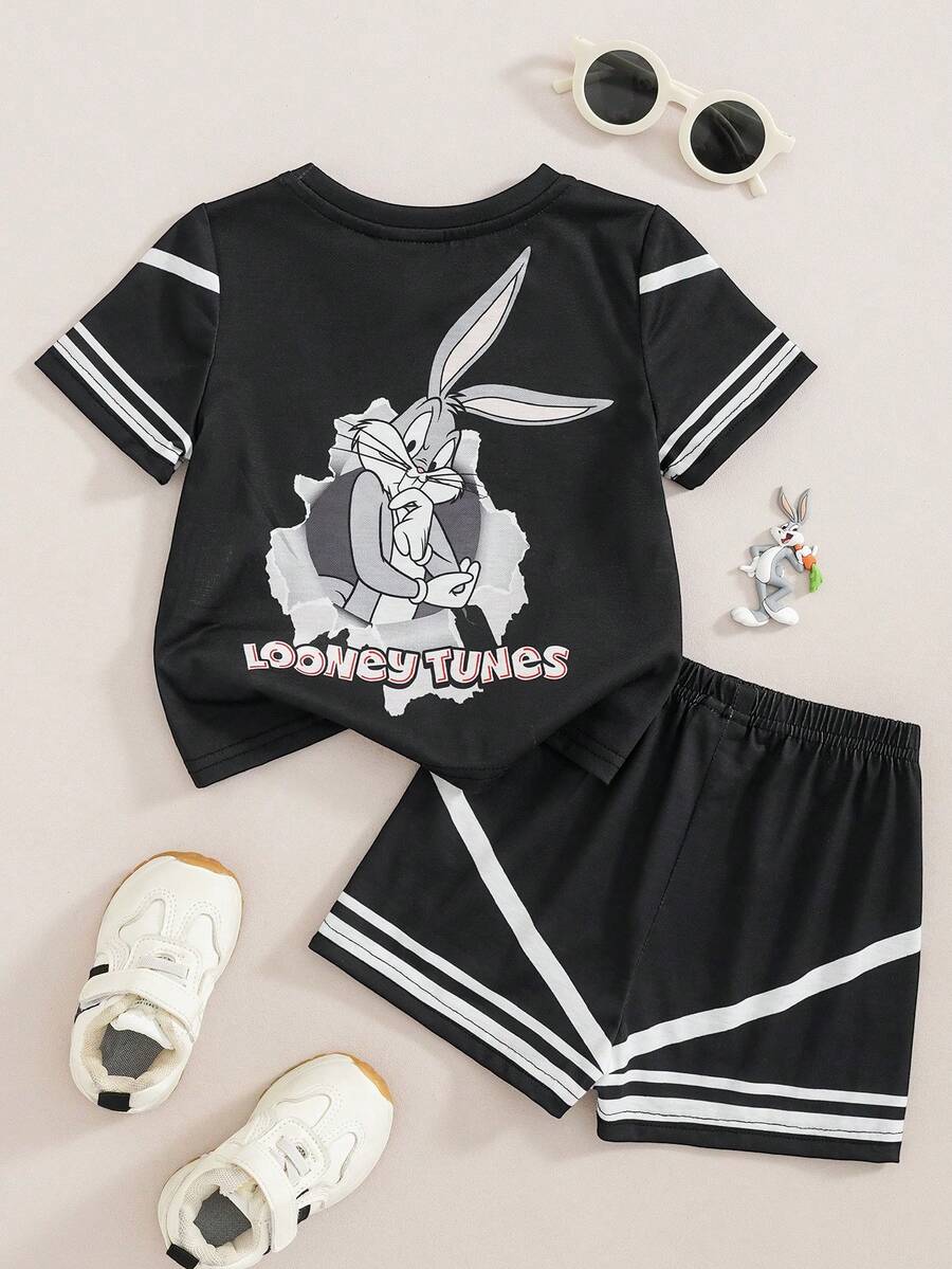LOONEY TUNES X SHEIN 男嬰卡通圖案印花條紋拼接配色短袖T恤短褲套裝 - 黑色 - 查看 1