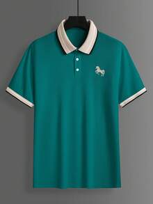 Calvornis 男士珠飾羅紋領刺繡短袖休閒 Polo 衫 - 綠色 - 查看 4