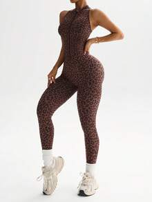 Slayform Slayform 1pc Women's Seamless Leopard Print Yoga Jumpsuit,Front Zipper Stand Collar Racerback Backless Brown Summer Gym Workout Activewear Bodycon Suit - Coffee Brown - View 6