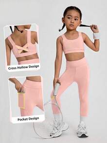 SHEIN Young Girl High Stretch Sportswear Set For Body Shaping, Free Stretching, Sweating-Absorbing, Cycling, Running, Indoor Dancing And, Fall, Yoga, Gym - Pink - View 2