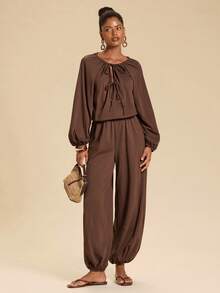 Travachic Women's 34% Cotton Knit Slightly Elastic Drawstring Multi-Wear Collar Long Sleeve Elastic Waist Jumpsuit - Rust Brown - View 1
