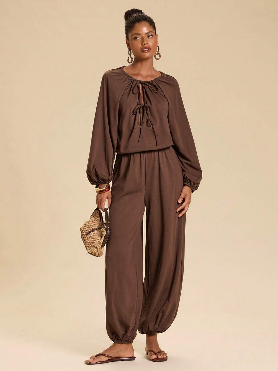 Travachic Women's 34% Cotton Knit Slightly Elastic Drawstring Multi-Wear Collar Long Sleeve Elastic Waist Jumpsuit - Rust Brown - View 1