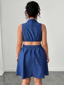 Orbivine Plus Size Women Spring/Summer Solid Color Lapel Sleeveless Cinched Waist Asymmetric Hollow Back A-Line Fashion Metal Button Decor Light Luxury Elegant Party Dress - Blue - View 2