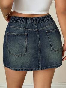 Dazy Plus Rok Denim Pendek Model A-Line Biru Tua Bergaya Vintage, Rok Mini Seksi Serbaguna - Dark Wash - View 3