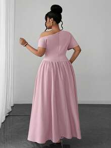 Maweii Plus Size French Design Pink Asymmetrical Neckline Short Sleeve Cinched Waist Flared Hem Women's Dress Cocktail Wedding Summer Romantic Elegant - Pink - View 5