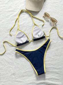 Swim SXY 女款夏季海灘拼接掛脖綁帶性感比基尼三角泳褲泳衣套裝 - 藏蓝色 - 查看 6