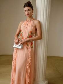 ZEYLAH Vestido elegante de mujer con cuello halter, volantes y bordado - Rosa coral - View 6