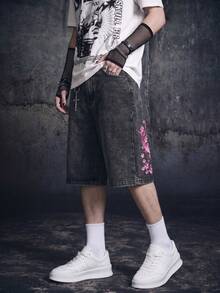 Vyqestra Men's Casual Street Style Embroidered Black Wide Leg Denim Shorts - Dark Grey - View 5