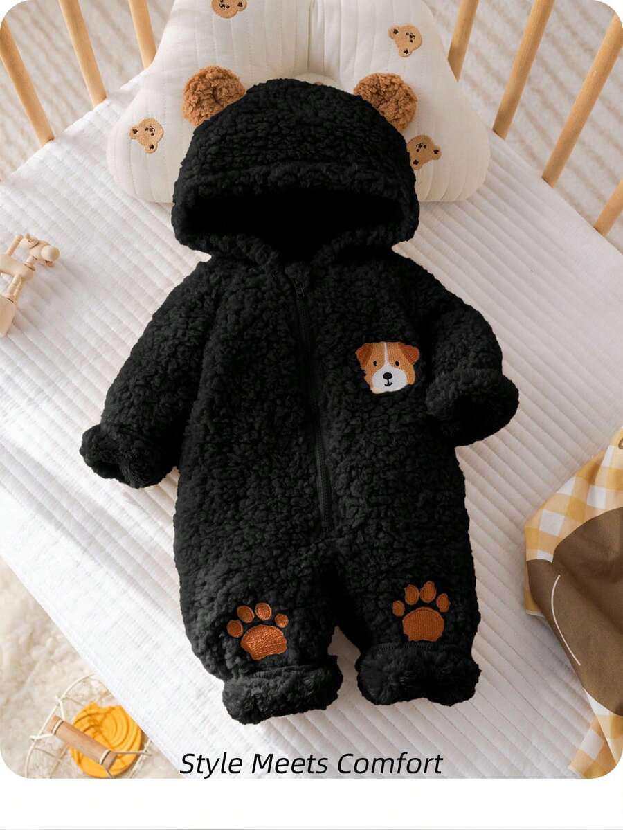 SHEIN Newborn Baby Boy Autumn/Winter Cute Cartoon Puppy Pattern Embroidered Long Sleeve Hooded Zipper Front 3D Ears Skin-Friendly Comfortable Bubble Fleece Romper Home Wear - Black - View 1