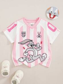 LOONEY TUNES X SHEIN Young Girl Fun Sporty Style Striped Cartoon Pattern Print Short Sleeve Round Neck T-Shirt - Pink - View 1