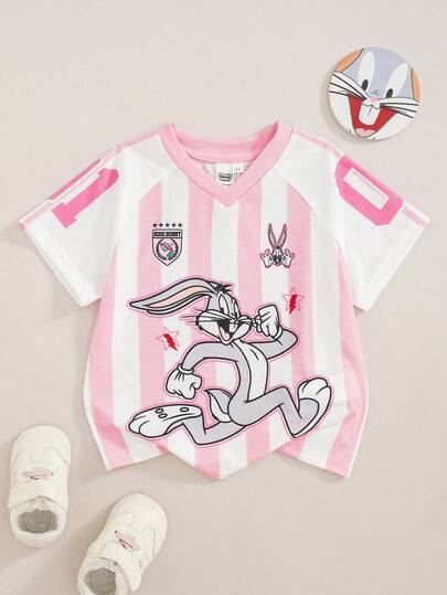 LOONEY TUNES X SHEIN Genç Kızlar İçin Eğlenceli Sportif Stil Çizgili Karikatür Desen Baskılı Kısa Kollu Bisiklet Yaka Tişört