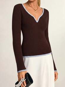 SHEIN Brown And Blue Contrast Trim Deep V-Neck Ribbed Knit Top Fitted Long Sleeve Slim Silhouette Chic Casual Sexy Basic Pullover Night Autumn Holiday Work - Brown - View 7