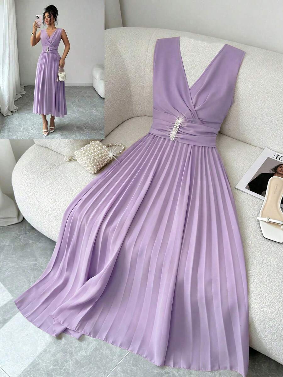 Elenzga Women's Elegant Romantic V-Neck Sleeveless Pleated Dress - Mauve Purple - View 1